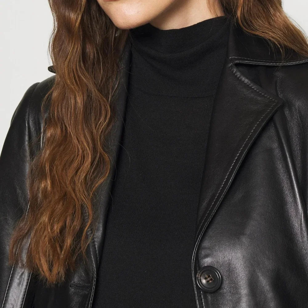 Women's Lapel Collar Black Leather Trench Coat