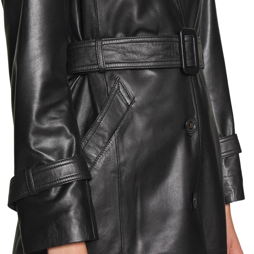 Women's Lapel Collar Black Leather Trench Coat