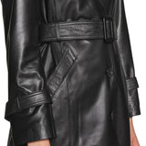 Women's Lapel Collar Black Leather Trench Coat