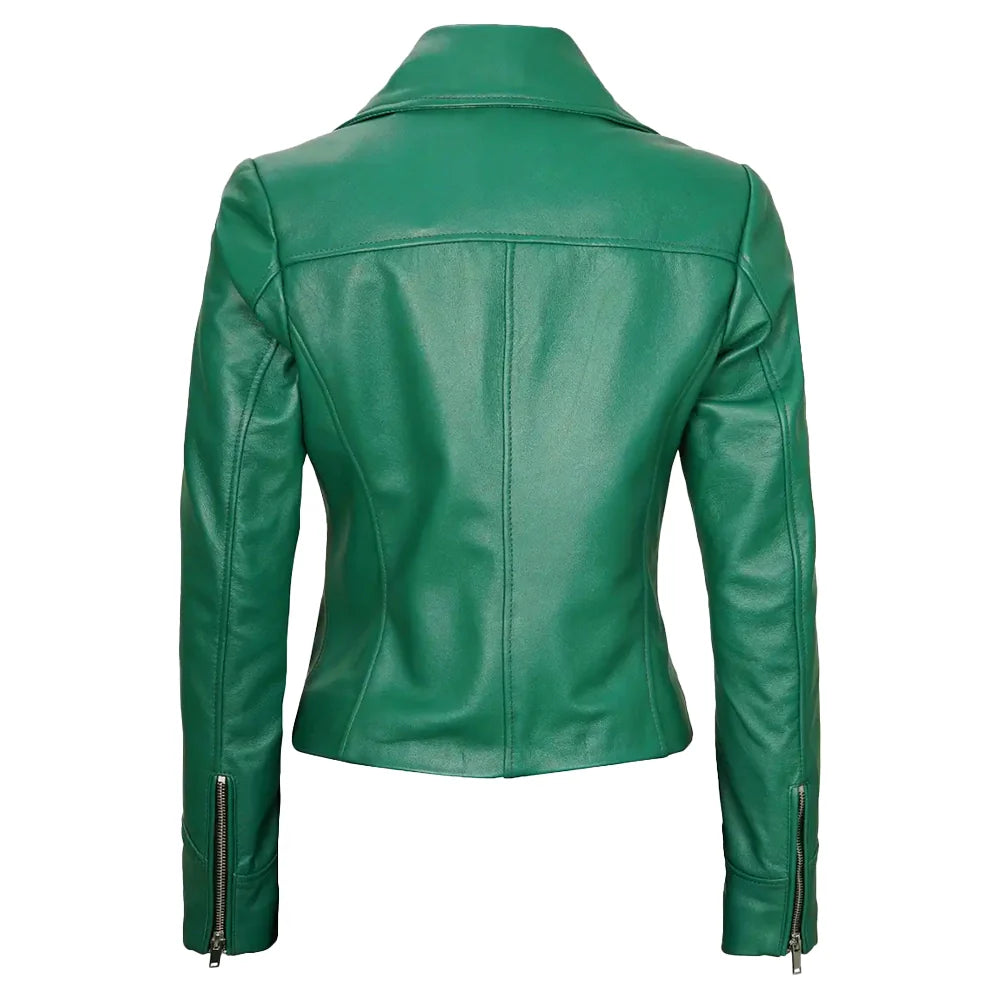 Women’s Lapel Collar Emerald Green Leather Motorcycle Jacket