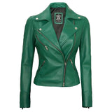 Women’s Lapel Collar Emerald Green Leather Motorcycle Jacket