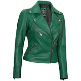 Women’s Lapel Collar Emerald Green Leather Motorcycle Jacket