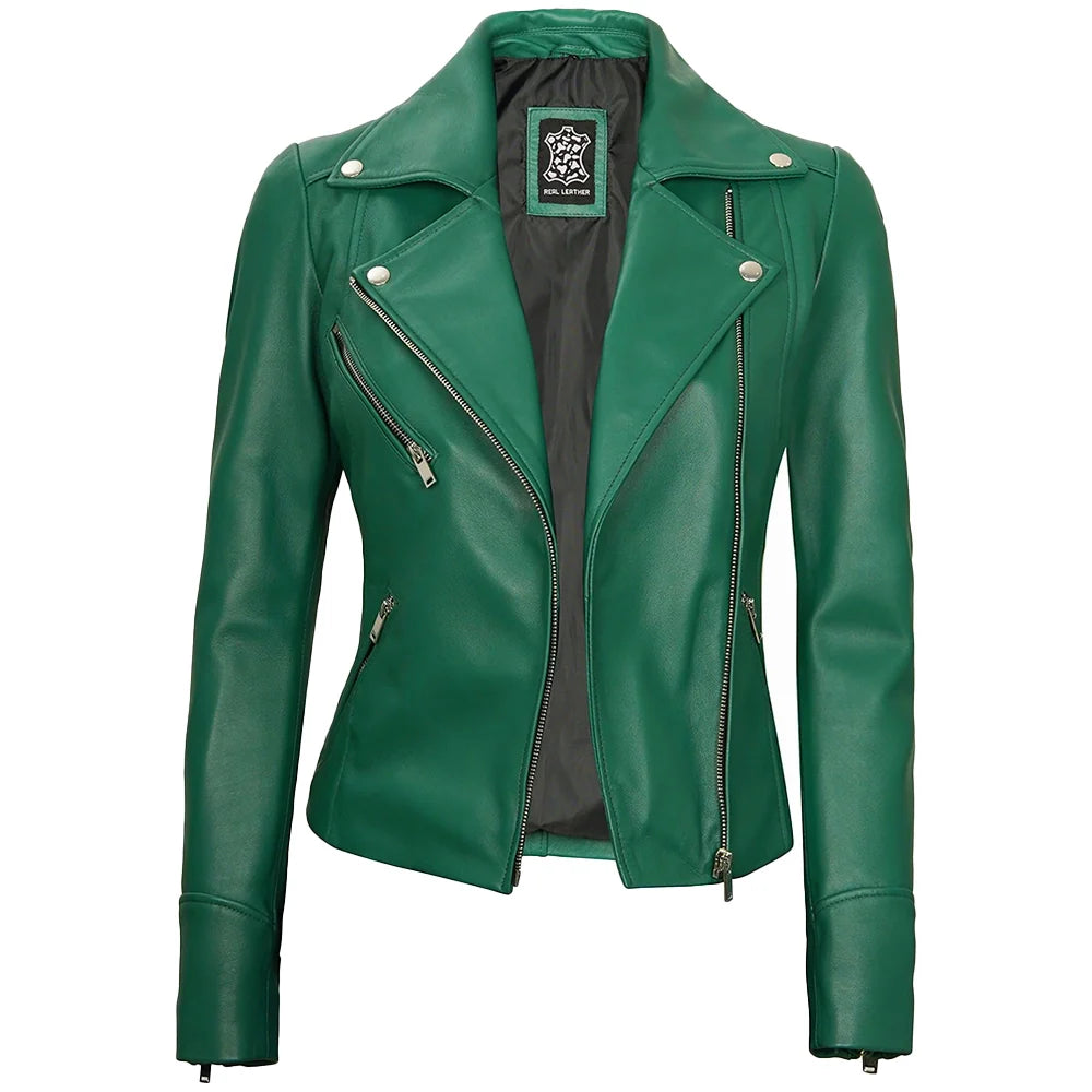 Women’s Lapel Collar Emerald Green Leather Motorcycle Jacket