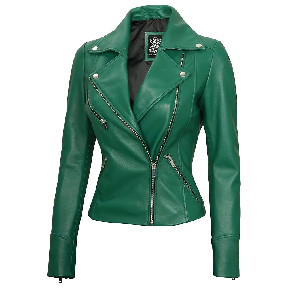 Women’s Lapel Collar Emerald Green Leather Motorcycle Jacket