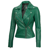 Women’s Lapel Collar Emerald Green Leather Motorcycle Jacket