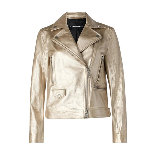 Women's Lapel Light Gold Leather Biker Jacket