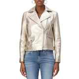 Women's Lapel Light Gold Leather Biker Jacket