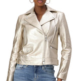 Women's Lapel Light Gold Leather Biker Jacket