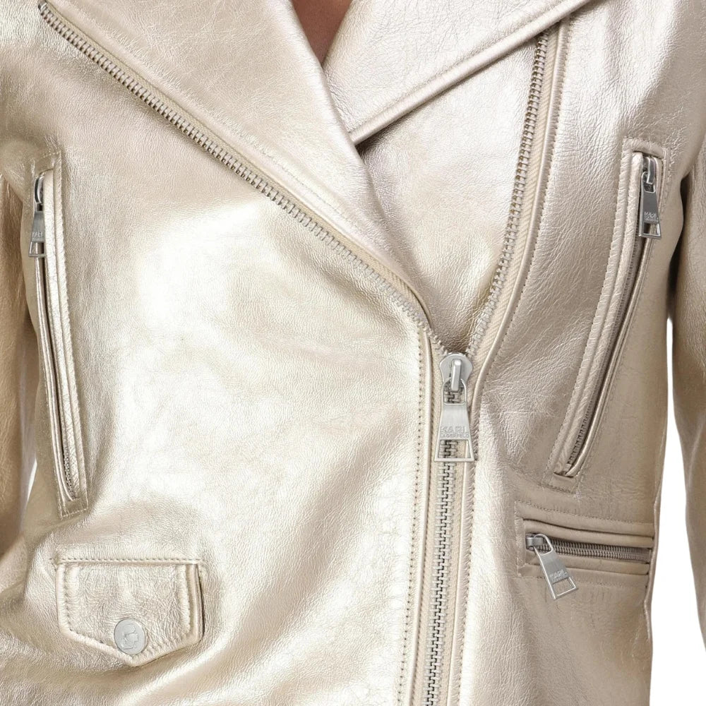 Women's Lapel Light Gold Leather Biker Jacket