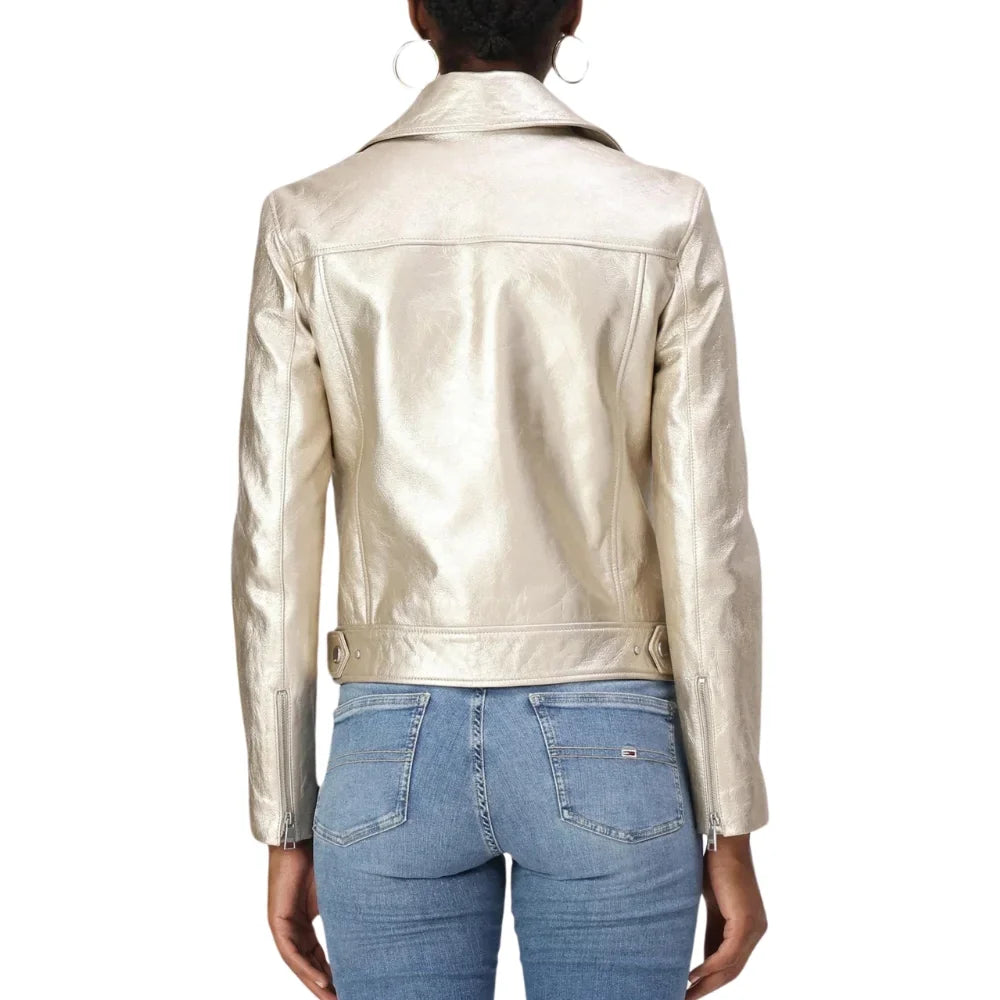 Women's Lapel Light Gold Leather Biker Jacket