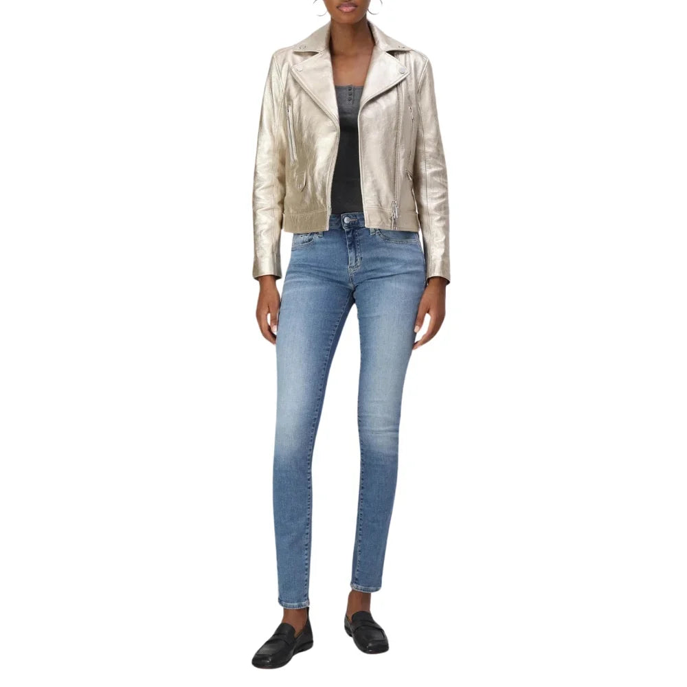 Women's Lapel Light Gold Leather Biker Jacket