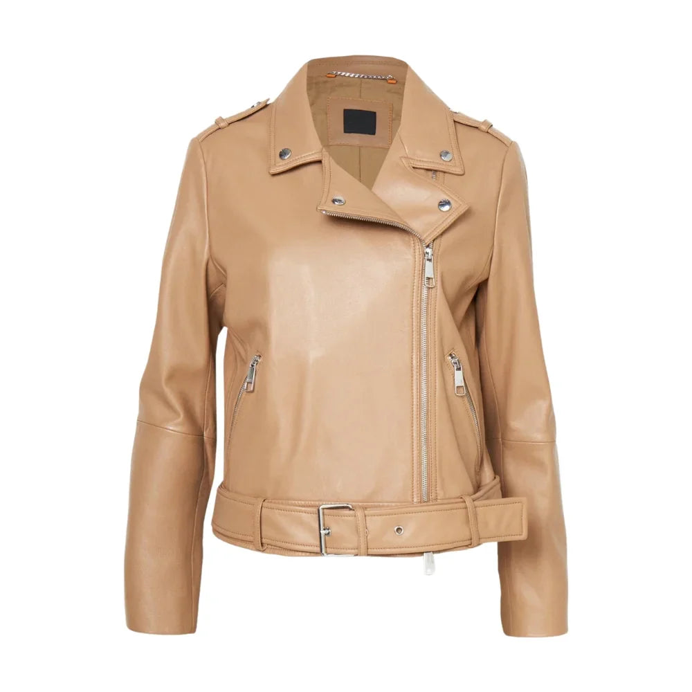 Women's Light Pastel Brown Leather Biker Jacket