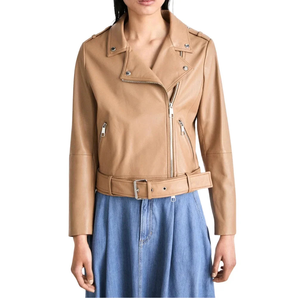 Women's Light Pastel Brown Leather Biker Jacket