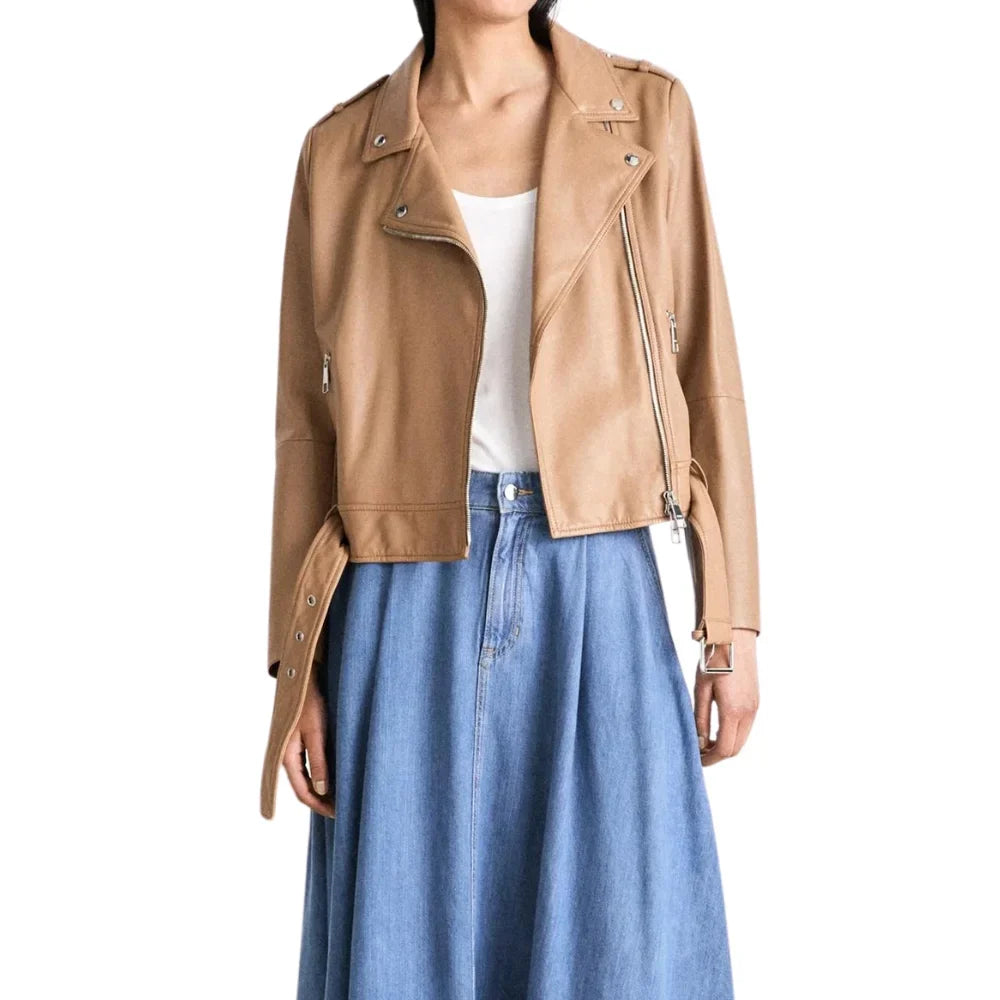 Women's Light Pastel Brown Leather Biker Jacket