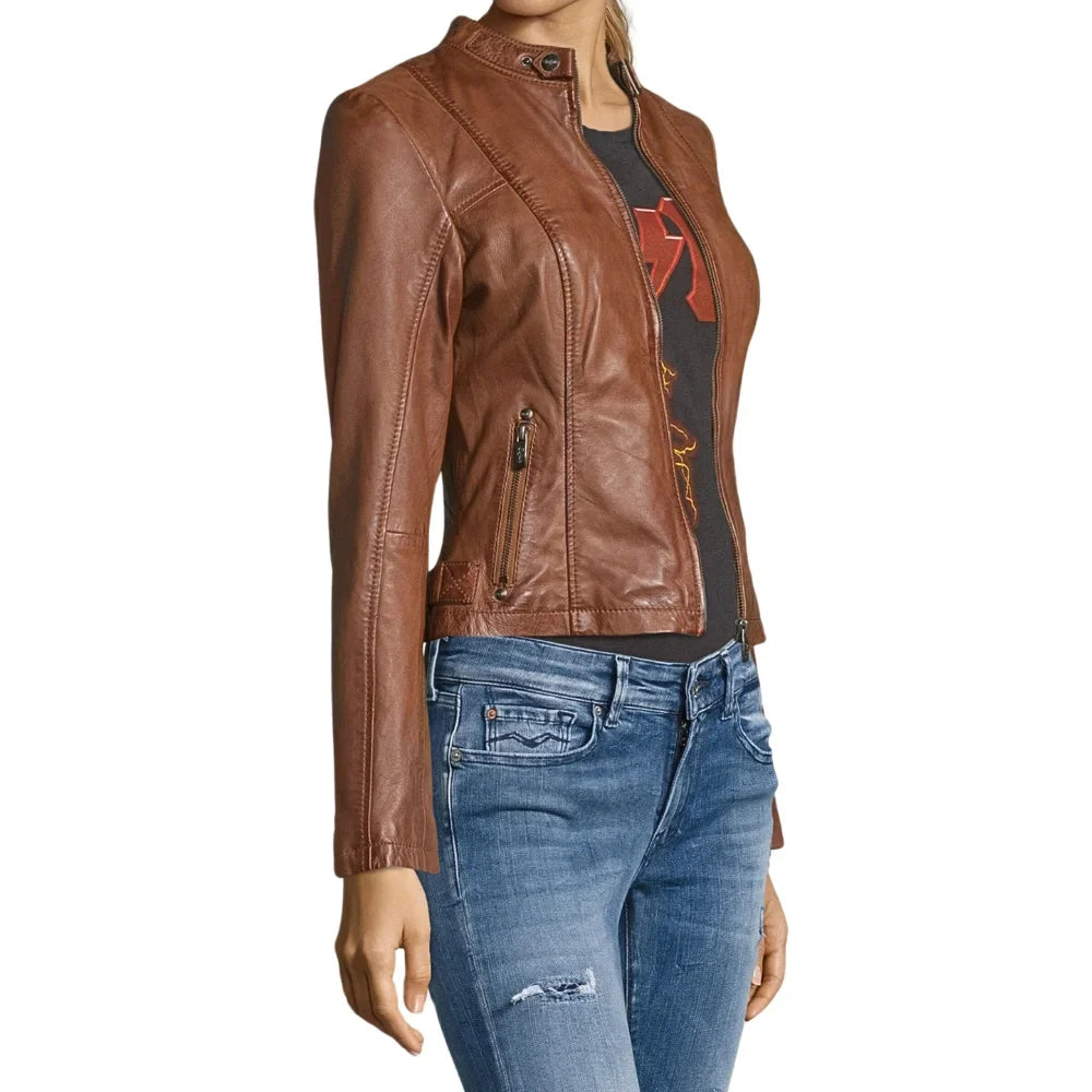 Womens Motorcycle Brown Leather Jacket