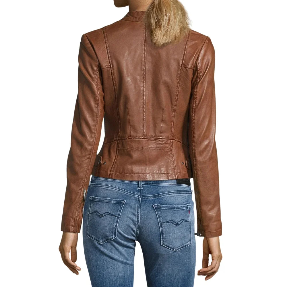 Womens Motorcycle Brown Leather Jacket