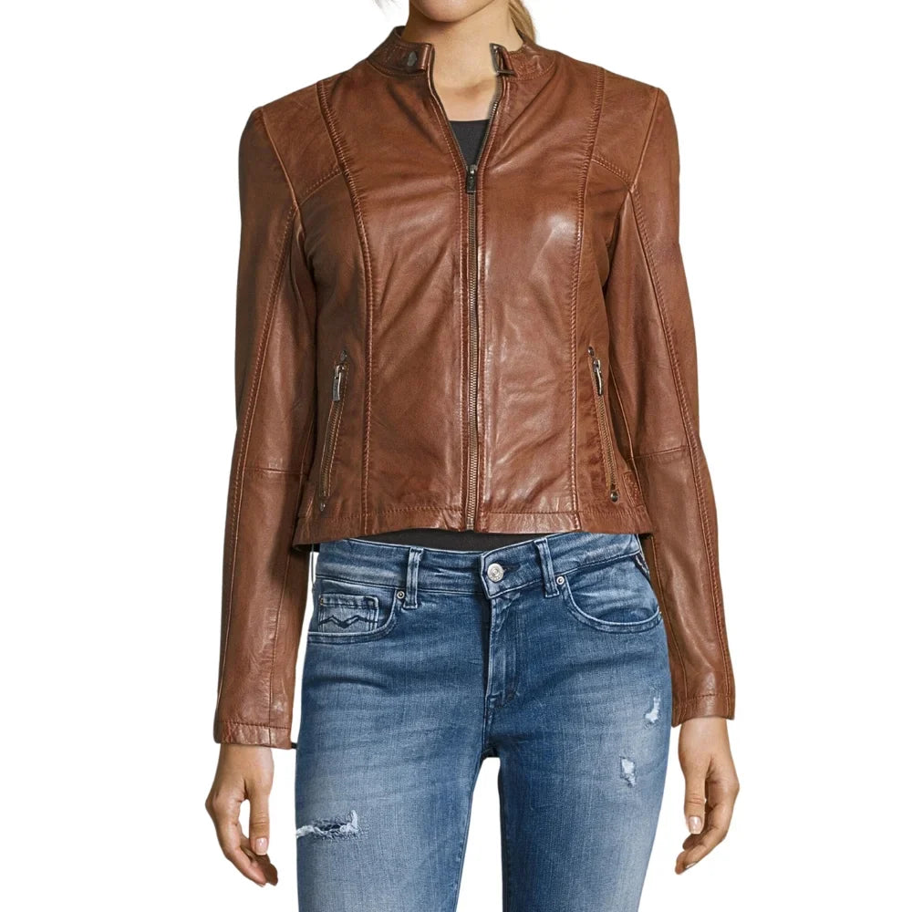 Womens Motorcycle Brown Leather Jacket