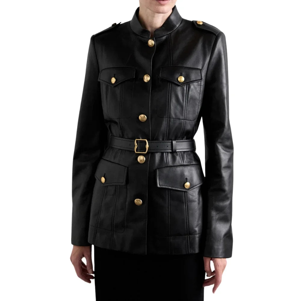 Women's Slim Fit Black Buckle Belt Leather Jacket