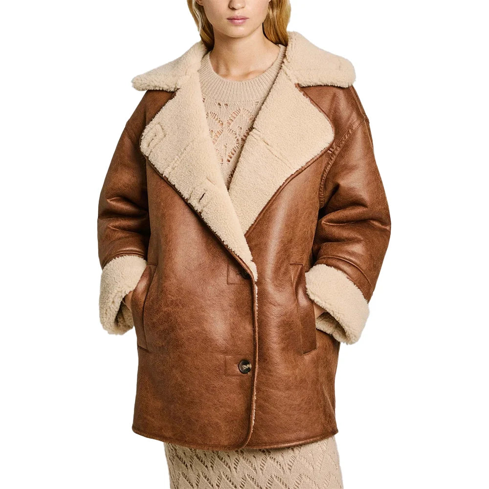 Womens -White-and-Brown-Sherpa-Aviator-Pilot -Jacket