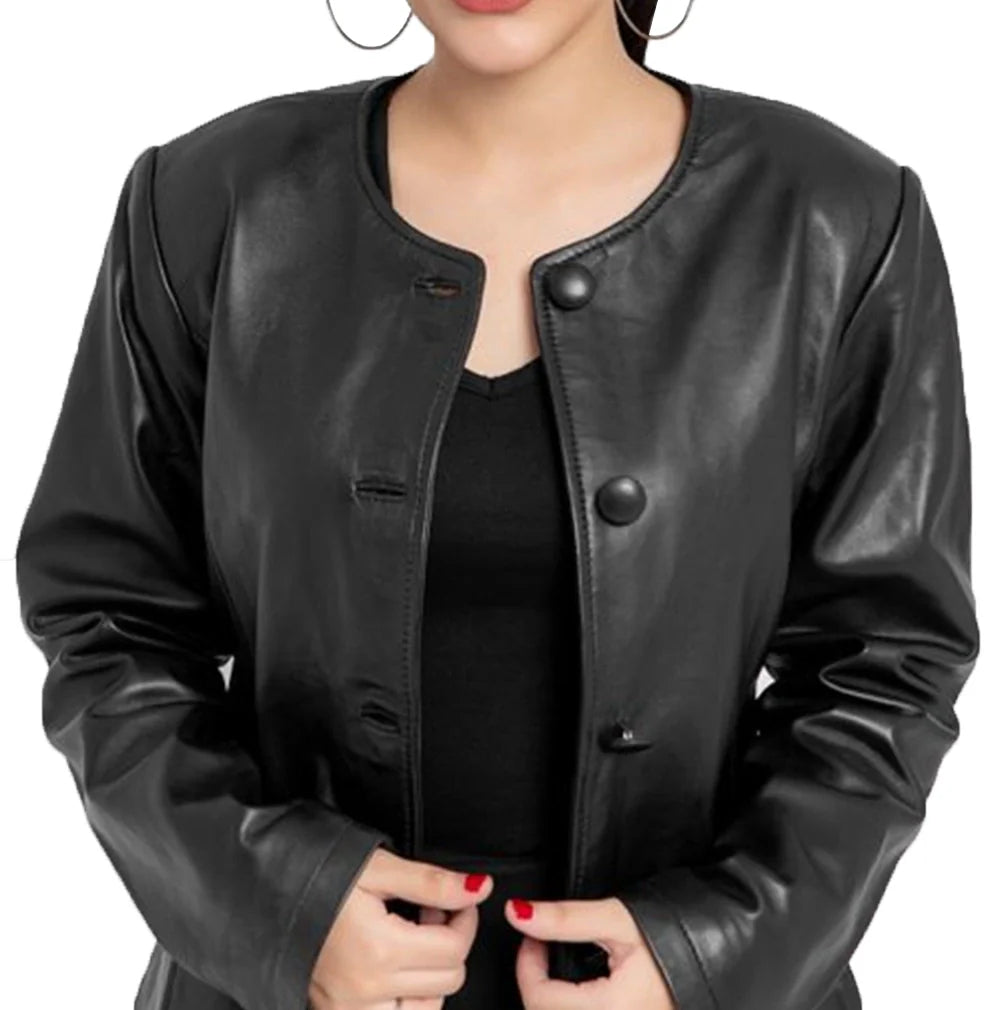 Womens-black-button-leather-jacket