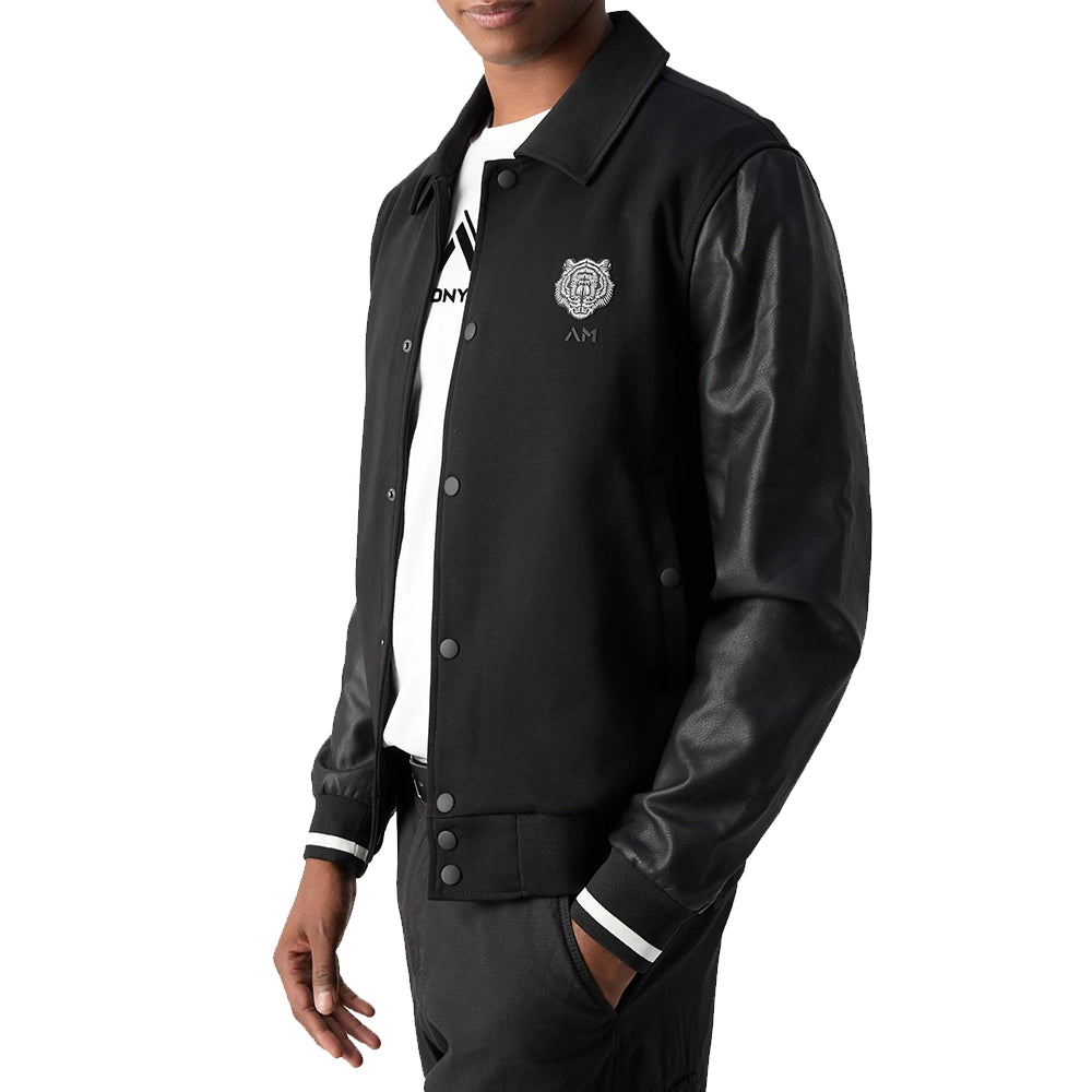 Mens Black Regular Fit Zip Up Sweatshirt with Leather Sleeves