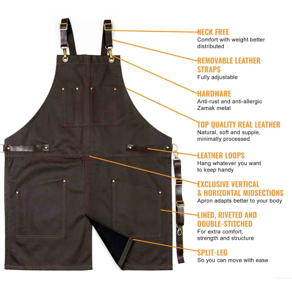 Bar Apron Leather with Pockets, Crossback Straps and Split-Leg Design