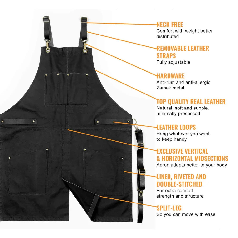 Bar Apron Leather with Pockets, Crossback Straps and Split-Leg Design