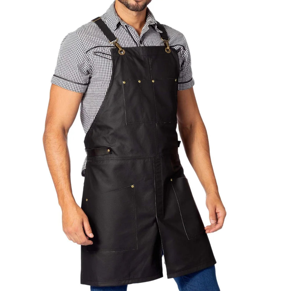 Bar Apron Leather with Pockets, Crossback Straps and Split-Leg Design