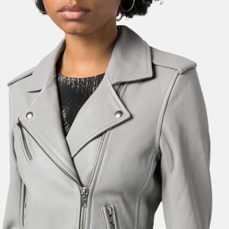 Ashley Biker Grey Leather Jacket For Women's