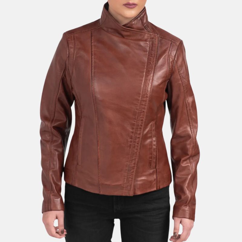 Womens Asymmetrical Dark Brown Leather Biker Jacket