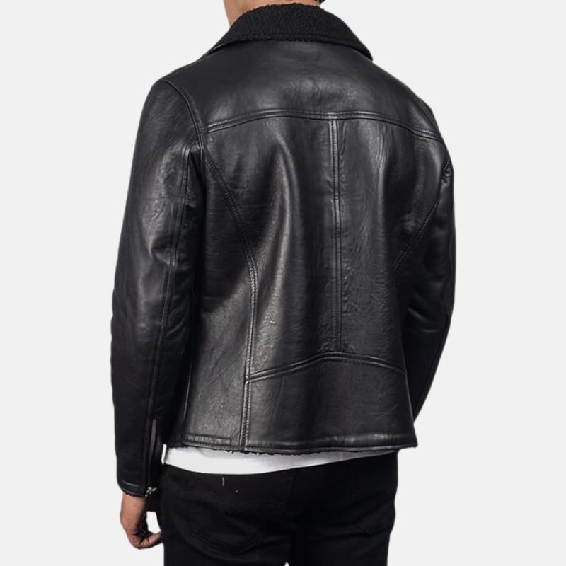 Aviator Shearling Black Leather Biker Jacket For Men's