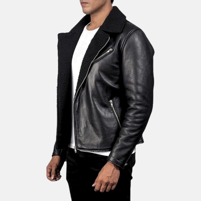 Aviator Shearling Black Leather Biker Jacket For Men's