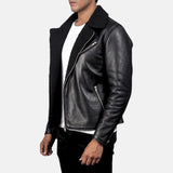 Aviator Shearling Black Leather Biker Jacket For Men's