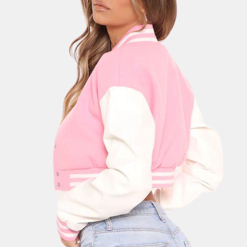 Pink Cropped Wool Barbie Varsity Jacket With Leather Sleeves For Womens