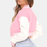 Pink Cropped Wool Barbie Varsity Jacket With Leather Sleeves For Womens