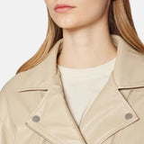 Beige Leather Moto Style Jacket For Womens