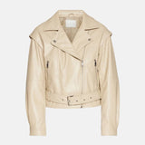 Beige Leather Moto Style Jacket