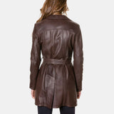 Vintage Long Length Belted Women's Sheepskin Brown Leather Coat