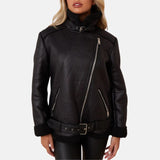 Womens Biker Aviator Black Shearling Leather Jacket