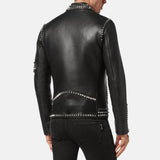 Black Biker Studded Motorcycle Leather Jacket For Mens