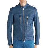 Biker Electric Blue Leather Jacket Mens