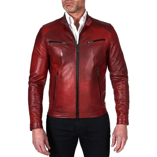 Mens Rich Burgundy Leather Biker Jacket