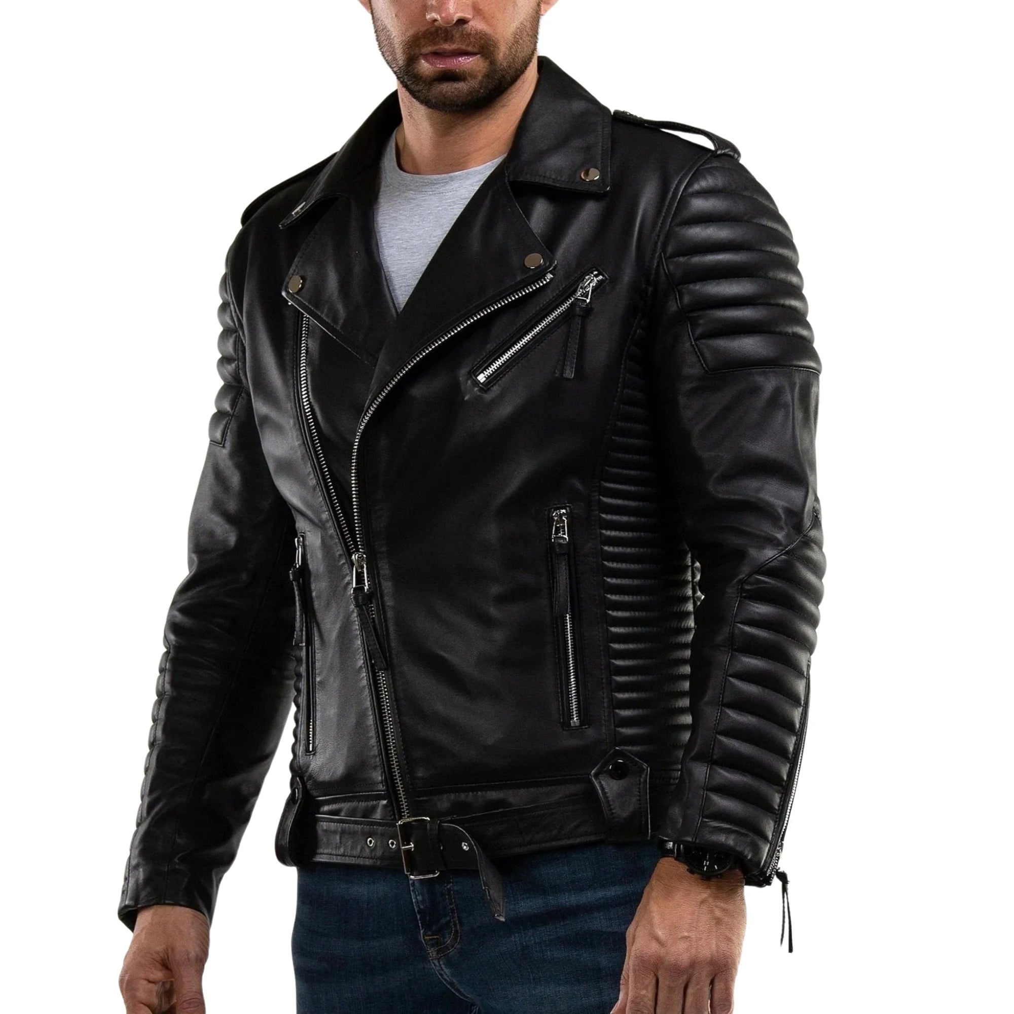 Men's Asymmetrical Black Leather Biker Jacket