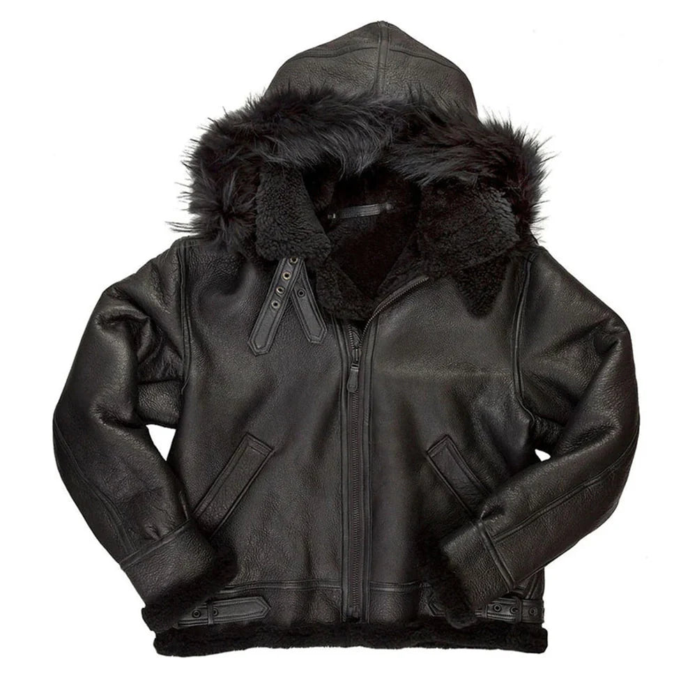 Mens Black Hooded B3 Shearling Aviator Leather Bomber Jacket