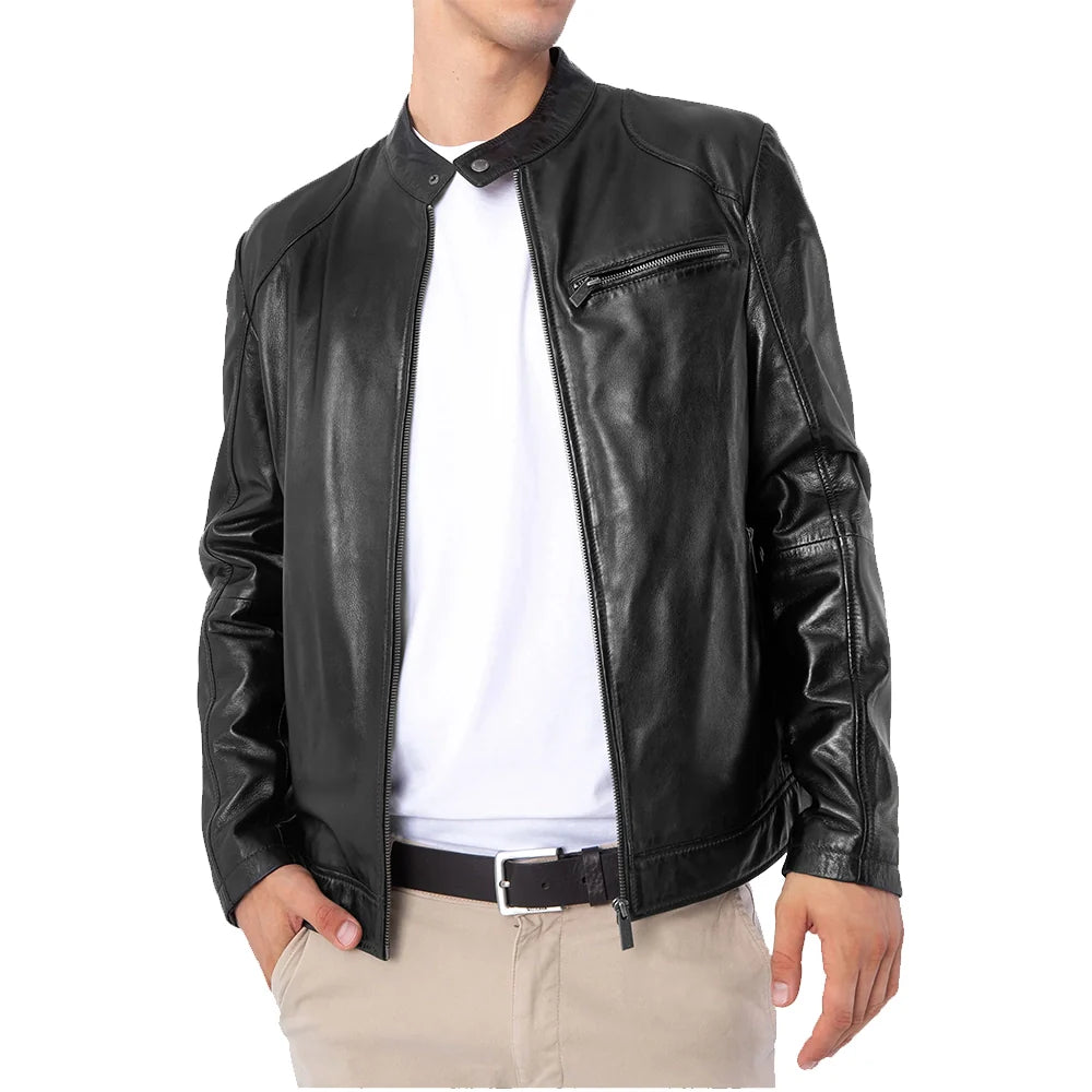 Men's Lambskin Leather Black Cafe Racer Jacket