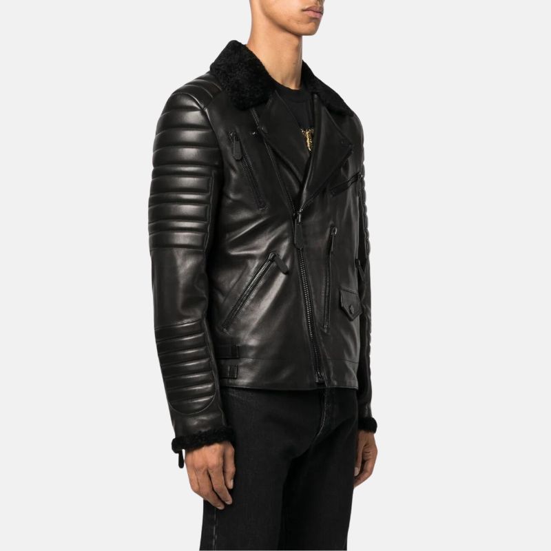 Black Biker Quilted Leather Jacket With Fur Collar For Mens