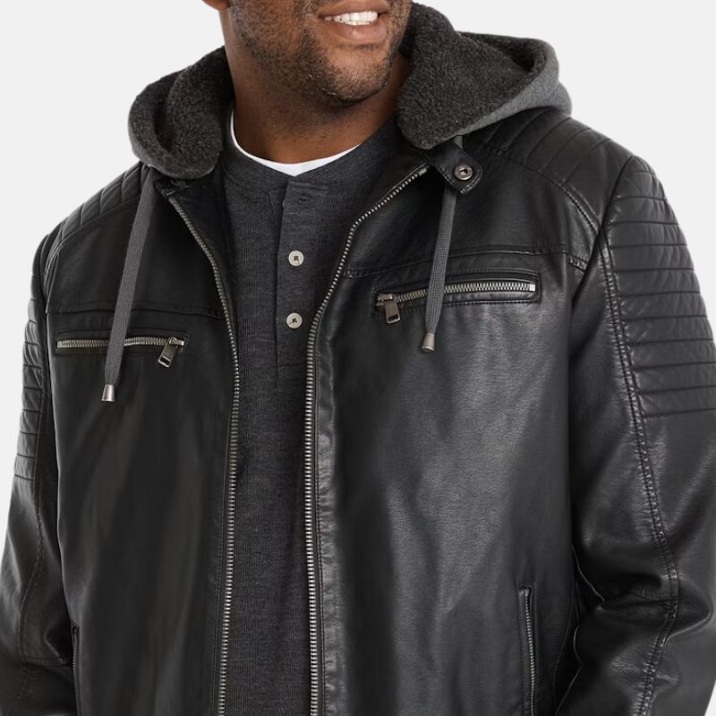 Black Mens Hooded Leather Jacket