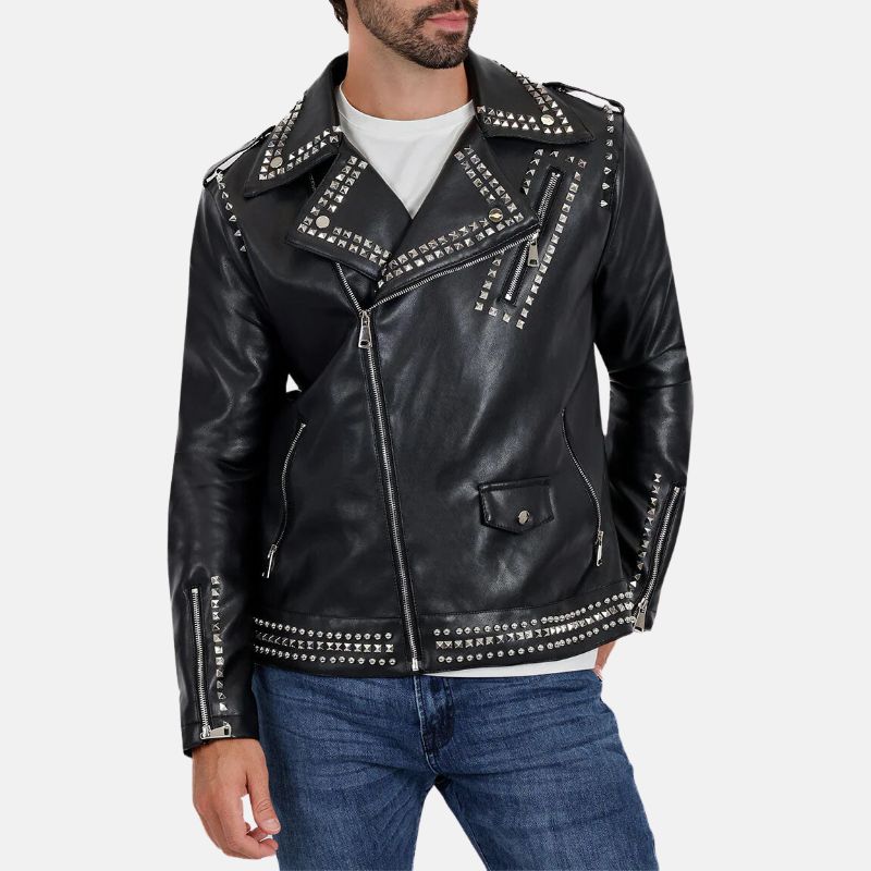 Black Biker Studded Leather Jacket Men's