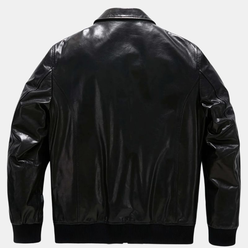 Black Bomber Varsity Leather Jacket With Patches For Mens