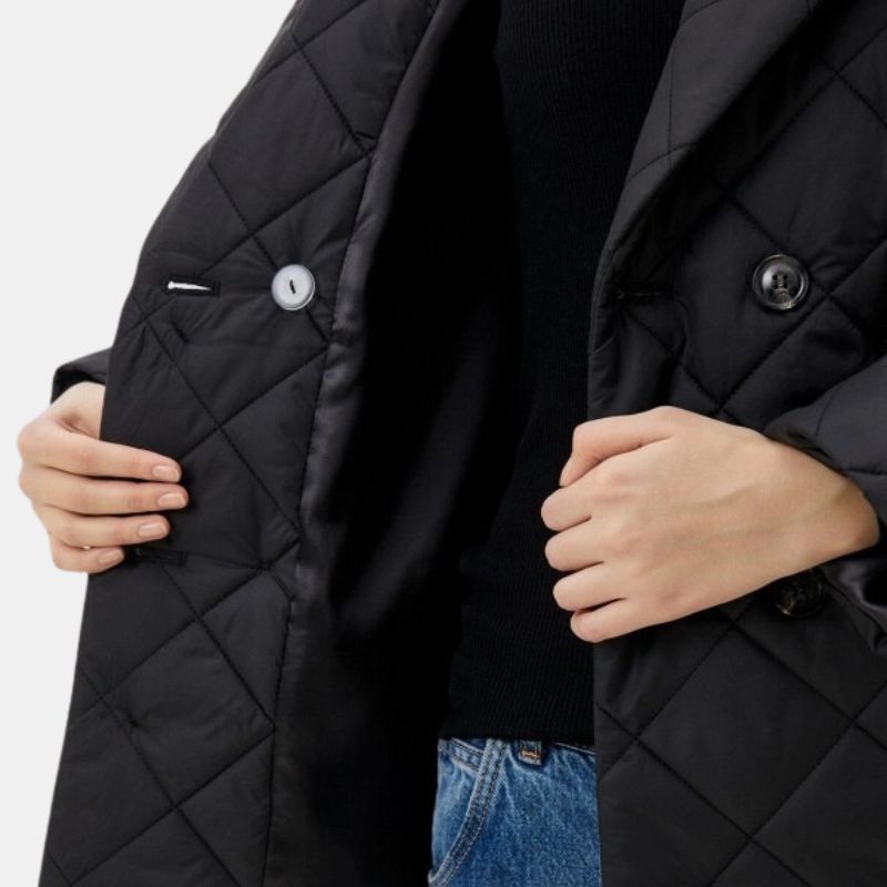 Womens Black Button Closure Quilted Coat